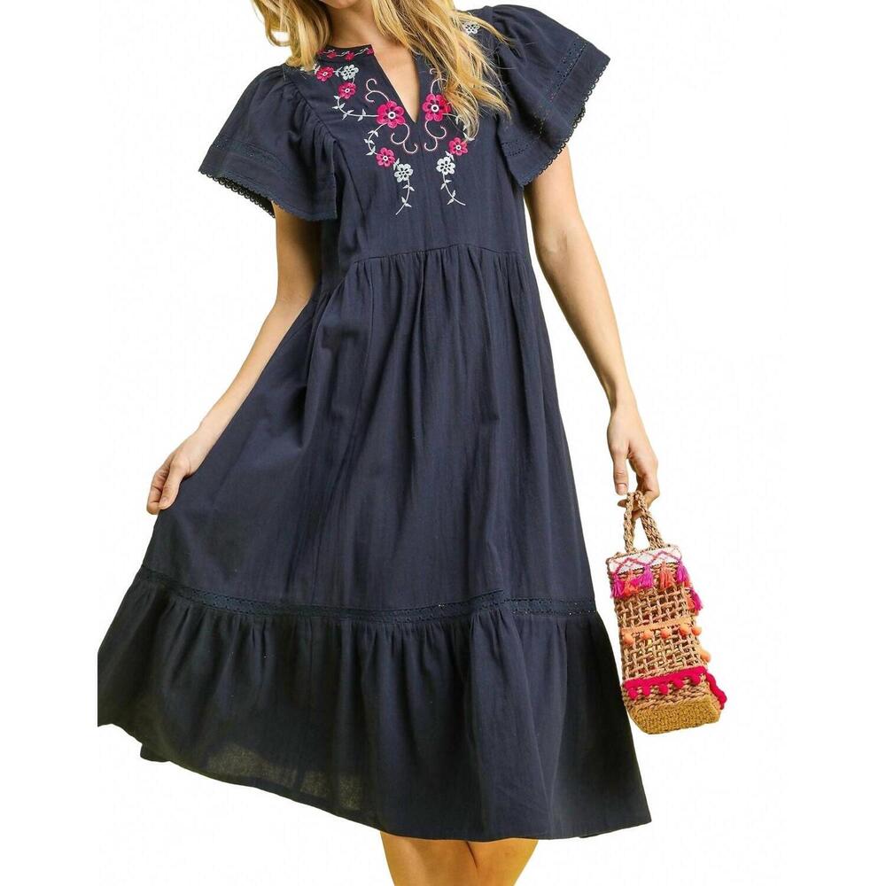 Umgee Navy Midi Dress with Pink & White Floral Embroidery. NWT.